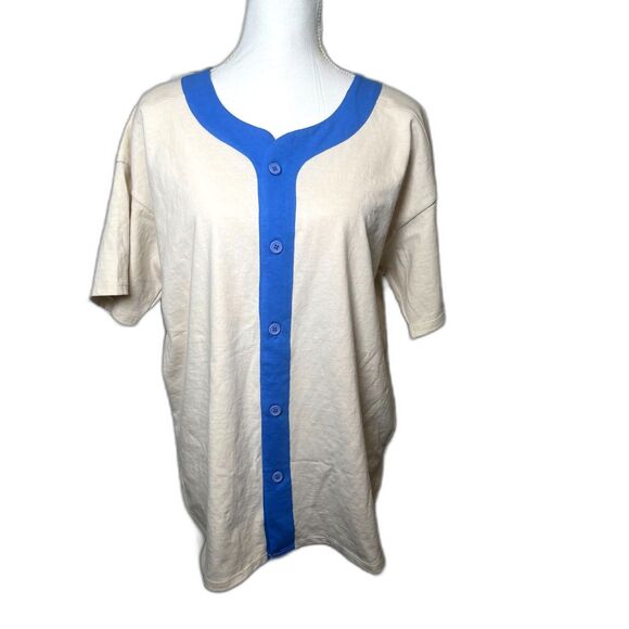 Daydreamer Baseball Style Button Down Oversized Shirt Ivory & Blue Size M/L - Picture 1 of 4